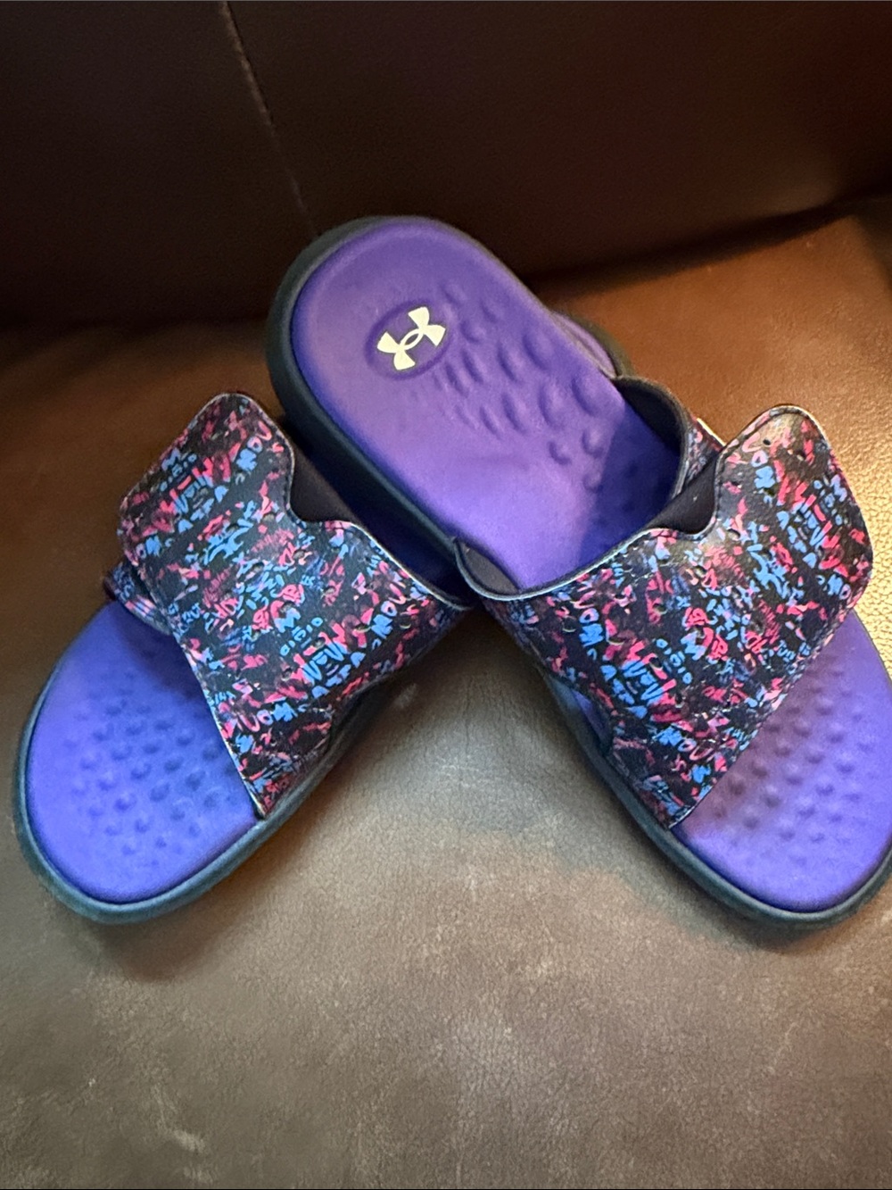 Under Armour Purple Slides with Pink and Blue Patterned Strap - Picture 4 of 5